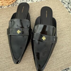 Tory Burch Glossy Black Mules with Gold Emblem